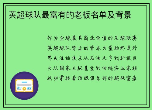 英超球队最富有的老板名单及背景