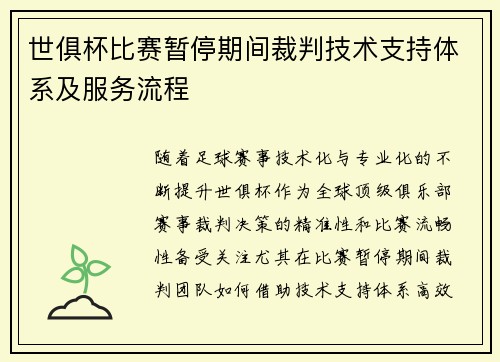 世俱杯比赛暂停期间裁判技术支持体系及服务流程