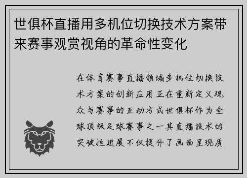世俱杯直播用多机位切换技术方案带来赛事观赏视角的革命性变化