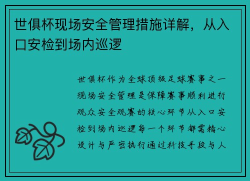 世俱杯现场安全管理措施详解，从入口安检到场内巡逻